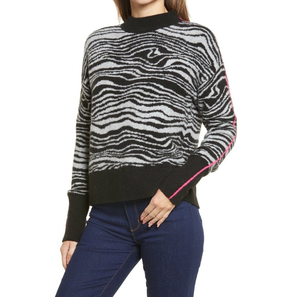 NWT Halogen Mock Neck Zebra Swirl Print Pullover Sweater Contrast Trim Black M